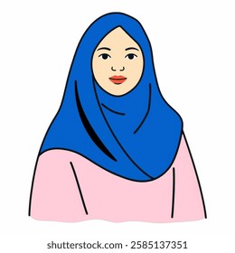 Illustration of a Woman in a Blue Hijab with Pink Clothes, Ideal for Traditional and Modern Fusion Styles A woman wearing a blue hijab and pink clothing, blending traditional modesty with modern style