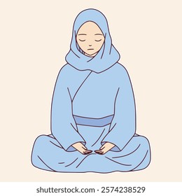  Illustration of a woman in a blue hijab sitting cross-legged, peacefully reading a book on a pastel background, symbolizing mindfulness and inner peace