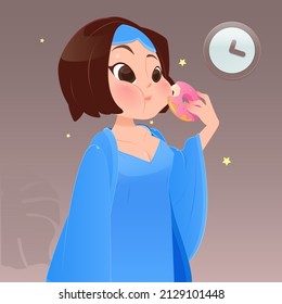 Illustration woman in blue nightgown eating donut in kitchen with window at night, Cartoon vector