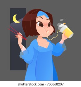 Illustration woman in blue nightgown eating instant noodle in kitchen with window at night, Cartoon vector