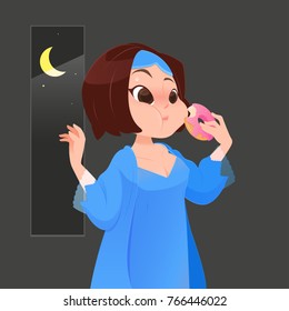 Illustration woman in blue nightgown eating donut in kitchen with window at night, Cartoon vector