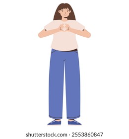 Illustration of a Woman in Blue Pants Showing Heart Gesture with a Warm Smile