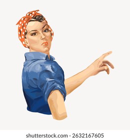 Illustration of a woman in a blue shirt with a red polka dot headscarf, striking a confident pose. Retro style, empowering female figure, vintage art. Vintage character art illustration vector.