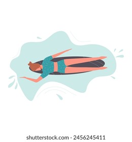 Illustration of a woman in a blue wetsuit lying prone on her surfboard while surfing a gentle wave, focused on navigating.