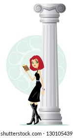 Illustration of woman with book leaning against a column.