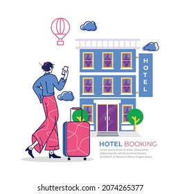 Illustration woman booking hotel with app