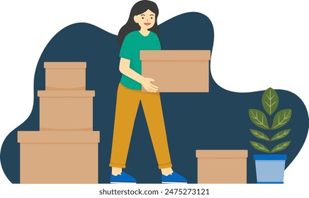 Illustration of a woman with boxes, house moving in flat cartoon style.