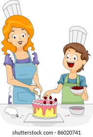 Illustration of a Woman and a Boy Decorating a Cake