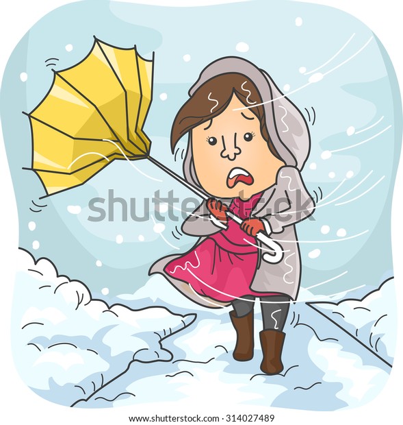 強風と降雪を冒す女性のイラスト のベクター画像素材 ロイヤリティフリー