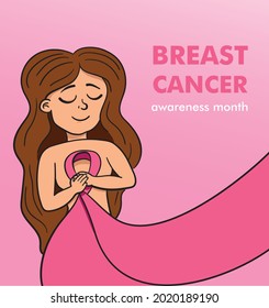 Illustration of woman breast cancer awareness month banner holding pink ribbon for on body. Woman marching or parade concept for prevention campaign.