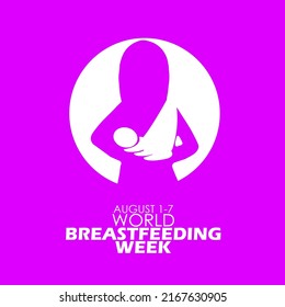 Illustration of a woman breastfeeding her child being carried using a cloth with bold text on pink background, World Breastfeeding Week August 1-7