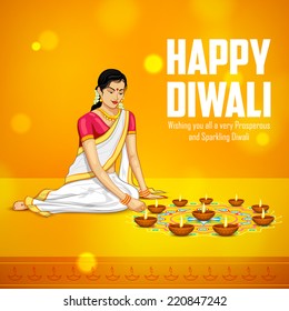 illustration of woman burning diya for Indian festival Diwali