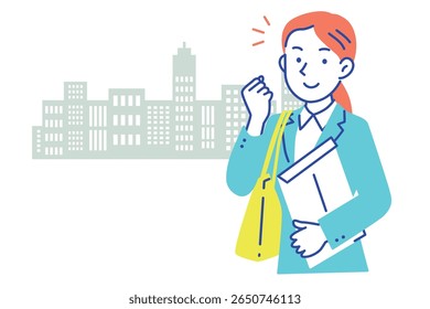 Ilustração de uma mulher em um terno de negócios sorrindo e levantando o punho no ar com um edifício no fundo