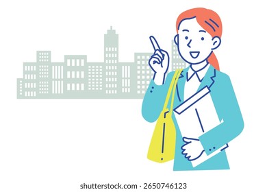Ilustração de uma mulher em um terno de negócios sorrindo e apontando com um edifício no fundo