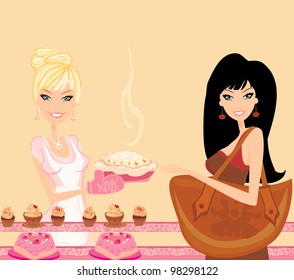 illustration of a woman buying cake at a bakery store