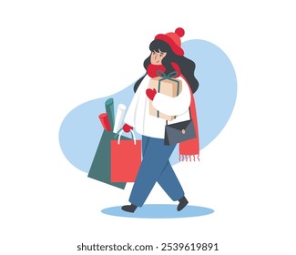 Ilustración de mujer comprando regalos y decoraciones de Navidad. Escena de vacaciones de invierno