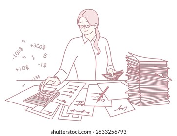 Ilustração de uma mulher calculando dados financeiros complexos entre uma papelada e uma calculadora, mostrando sua dedicação