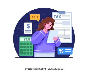 Illustration of Woman Calculating Taxes and Filling Tax Forms on her smart tablet using internet service.
Filling a Electronic Tax Form or Digital Tax Form.
Can be used for website, infographic,  etc