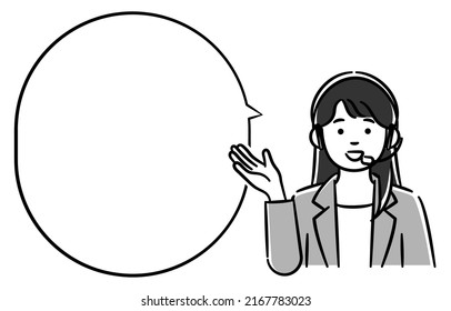 It is a ｍonochrome illustration of a woman in a call center and a speech bubble.Vector data that is easy to edit.