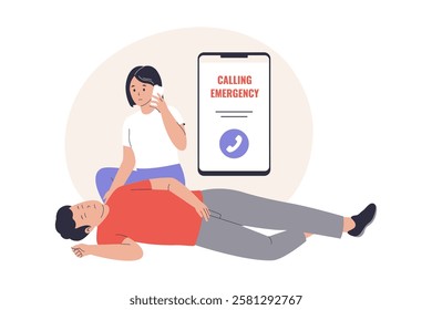 Illustration of woman calling medical emergency call. Illustrations for websites, landing pages, mobile apps, posters and banners. Trendy flat vector illustrations
