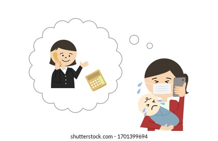 Illustration of woman calling parenting helpline. mother wearing a mask is hugging baby.