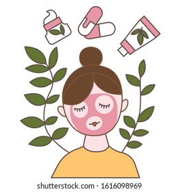 Illustration of woman caring for skin on her face. Simple vector illustration with ability to change.