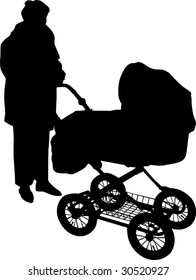 illustration with woman and carriage silhouettes isolated on white background