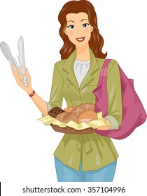 Illustration of a Woman Carrying a Basket of Bread