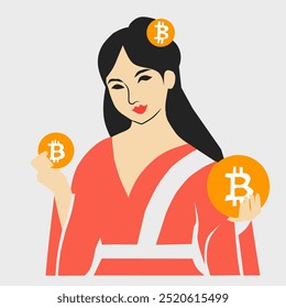 Illustration of a woman carrying bitcoin