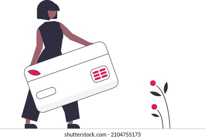 illustration of a woman carrying a credit card or debit card for shopping. Vector illustrations