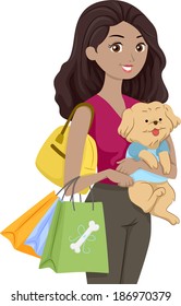 Illustration of a Woman Carrying a Cute Dog Shopping for Pet Supplies