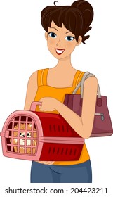 Illustration of a Woman Carrying a Dog in a Pet Carrier