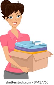 Illustration of a Woman Carrying a Donation Box Full of Clothes