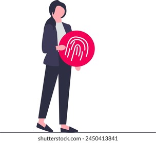 Illustration of a woman carrying a fingerprint symbol to log in to the system. Vector illustrations