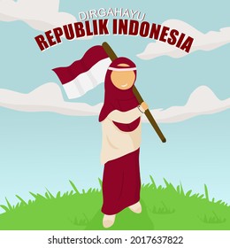 illustration of woman carrying flag to celebrate Indonesian independence day