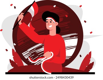 illustration of a woman carrying a flag and ribbon, a strong illustration with a high spirit of nationalism and full of enthusiasm. concept illustration of Indonesian independence day vector