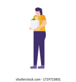 illustration of woman carrying a grocery bag filled with bread and vegetables. flat design. can be used for elements, landing pages, UI.