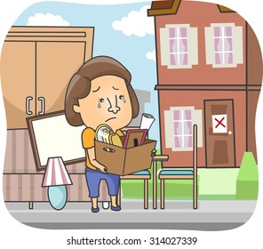 Illustration of a Woman Carrying Her Belongings in a Box After being Evicted