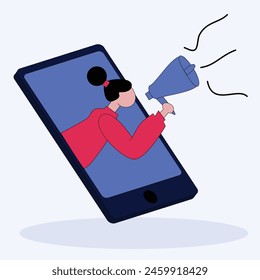 illustration of a woman carrying a large megaphone emerging from a smartphone depicting selling and advertising activities