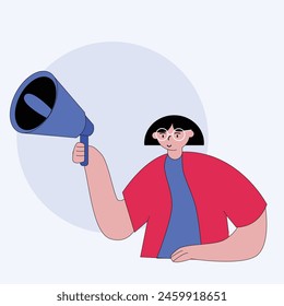 illustration of a woman carrying a megaphone. .Describes selling and advertising activities as well as branding