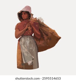 Illustration of a woman carrying a sack. The woman wears a bonnet and apron. The woman appears thoughtful, holding a sack. The woman is in traditional attire. Vintage art painting vector.