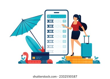Illustration of woman carrying suitcase and choosing ticket for vacation on beach in summer. purchase and payment apps for booking tickets. Can be used for web website poster mobile apps magazine ads