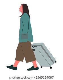 illustration of a woman carrying a suitcase, for travel promotional materials, airline advertisements, holiday posters, travel management applications, or travel-themed blog publications