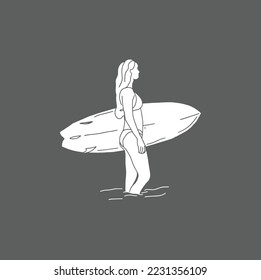 
illustration of a woman carrying a surf board made in classic handmade style