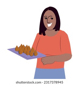 illustration of a woman carrying a tray of snacks, Brazilian snacks, Brazilian food called coxinha. vector.