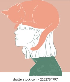 Illustration of woman with a cat on her head