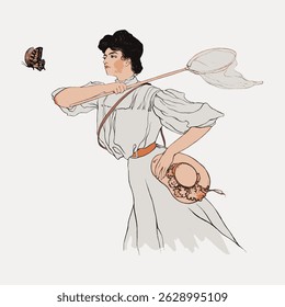 Illustration of a woman catching a butterfly with a net. The woman, dressed in vintage attire, is poised and focused on the butterfly. Elegant and classic scene. Vintage character vector.