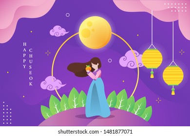 Illustration of woman celebrating Chuseok day under the moon