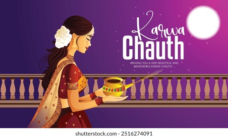 illustration of a woman celebrating Karwa Chauth, holding a traditional water pot under the moonlit sky.