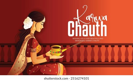 illustration of a woman celebrating Karwa Chauth, holding a traditional water pot under the moonlit sky.